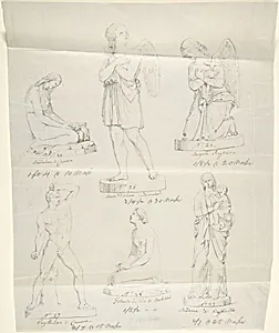 Sketches of Six Statues: Magdalen by Canova, Divine Love by Bienaimé, Praying Angel, Boxer by Canova, Trust in God by Bartolini, and Madonna by Raphael by John Gibson|Raphael (Raffaello Sanzio or Santi)|Antonio Canova|Lorenzo Bartolini|Luigi Bienaimé