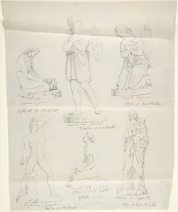 Sketches of Six Statues: Magdalen by Canova, Divine Love by Bienaimé, Praying Angel, Boxer by Canova, Trust in God by Bartolini, and Madonna by Raphael