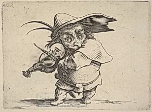 Small, masked male figure playing a violin, from the series 'Varie figure gobbi' by Jacques Callot