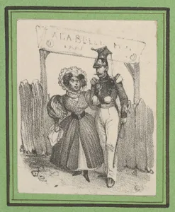 Soldier with a woman on his arm in front of a wodden gate