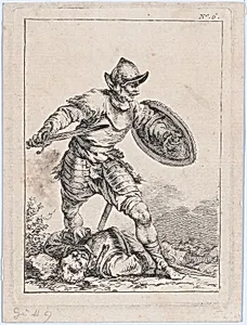 Soldier with Sword and Shield, Stepping over a Body