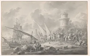 Soldiers Loading Barges for a Large Sailing Ship Along the Coast