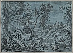 Southern Landscape with a Waterfall and Goats