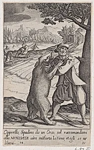 Spadino and the Bear, from Scelta d'Alcuni Miracoli e Grazie della Santissima Nunziata di Firenze (Selection of Some Miracles and Graces that Occurred in the Church of the Annunziata in Florence) by Jacques Callot