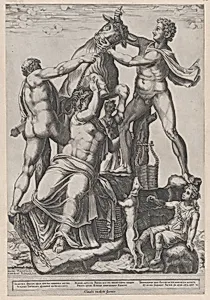 Speculum Romanae Magnificentiae: Amphion and Zethus Tying Dirce to a Wild Bull [The Farnese Bull] by Diana Scultori|Claudio Duchetti
