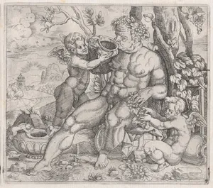Speculum Romanae Magnificentiae: Bacchus, Seated, Drinking from a Vase Presented by a Putto