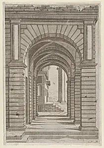 Speculum Romanae Magnificentiae: Front of a Building seen sideways through an arcade of four arches on its left front. by Anonymous