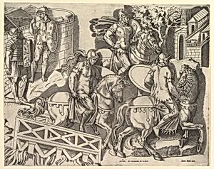 Speculum Romanae Magnificentiae: Roman Horsemen Crossing a Bridge (from Trajan's Column) by Marco Dente|Antonio Salamanca