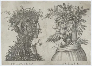 Spring and Summer: two heads made from flora typical of those seasons