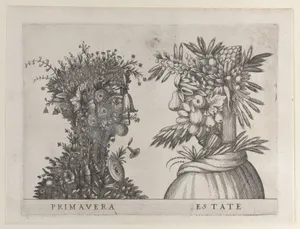 Spring and Summer: two heads made from flora typical of those seasons