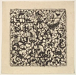 Square Blackwork Design in Silhouette Style with Schweifwerk and Grotesque Figures by Esaias von Hulsen
