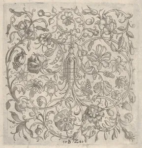 Square Panel with Vegetal Scrollwork, Flowers and Fruits