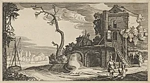 Square Tower Used as Inn near a River by Jan van de Velde II|Claes Jansz. Visscher