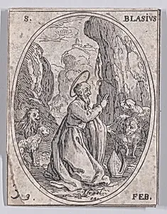 St. Blaise, February 3rd, from "Les Images De Tous Les Saincts et Saintes de L'Année" (Images of All of the Saints and Feast Days of the Year) by Jacques Callot|Israël Henriet