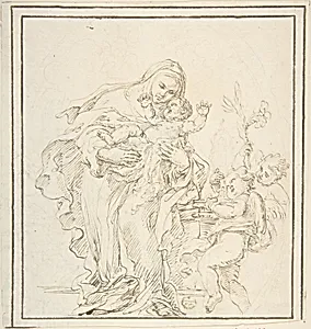 St. Catherine of Siena with The Infant Jesus (recto); Warrior with Dead Lion? (verso) by Anonymous, Italian, Roman-Bolognese, 17th century