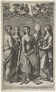 St Cecilia holding an organ, flanked by St Paul, St John the Evangelist, St Augustine and Mary Magdalen, musical angels above by Raphael (Raffaello Sanzio or Santi)|Marcantonio Raimondi