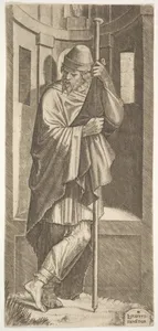 St. James Major leaning on a pole before a niche, his left leg crossed over his right, from "Christ and the Twelve Apostles"