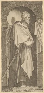 St. James Minor(?) in an arcuated niche, holding a walking stick in his hands, which are covered by his cloak, from "Christ and the Twelve Apostles"