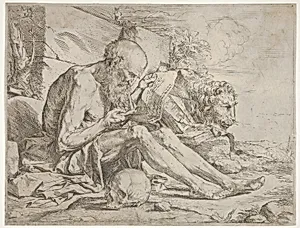 St. Jerome seated on the ground and reading an inscribed scroll, a skull next to his right leg and a lion beyond by Jusepe de Ribera (called Lo Spagnoletto)