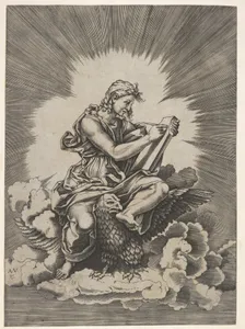 St. John, seated and holding a writing instrument to a tablet, an eagle with outstretched wings below his legs, from a series of the four evangelists after Agostino Veneziano, which are in turn after Giulio Romano
