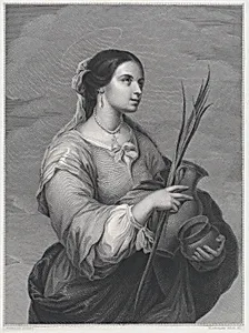 St Justa, three-quarter length, turned to right, holding two pots and a palm by Bartolomé Estebán Murillo|Auguste Blanchard père