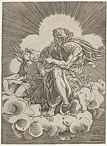 St. Matthew, seated on a cloud and dipping a quill into an inkwell held by an angel, who is also holding a scroll, from a series of the four evangelists after Giulio Romano by Agostino Veneziano (Agostino dei Musi)|Antonio Salamanca|Giulio Romano