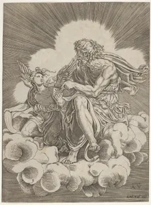 St. Matthew, seated on a cloud and dipping a quill into an inkwell held by an angel, who is also holding a scroll, from a series of the four evangelists after Giulio Romano