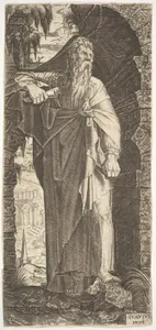 St. Paul standing under an overgrown arch, his left foot poised upon a rock, his right hand grasping a scroll, from "Christ and the Twelve Apostles"