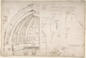 St. Peter's, dome and drum, interior section and elevation, and labeled details (recto); St. Peter's, moulding profiles, details (verso)