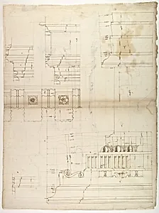 St Peter's, entablature profile; reflected ceiling details of the cornice, and profiles of column bases and pedestals (recto)St. Peter's, section through drum of model and entablature of upper story (verso) by Etienne DuPérac|Anonymous, French, 16th century