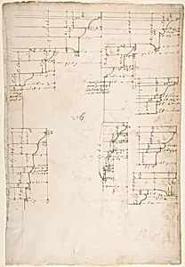 St. Peter's, tribune, exterior, entablature and cornice details (recto)Santa Maria Maggiore, Sforza Chapel, plan, detail (verso) by Anonymous, French, 16th century