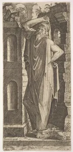 St. Philip(?), standing with his left hand on his hip and his right hand resting on his head, masonry walls to his right and behind him, from "Christ and the Twelve Apostles"