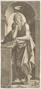 St. Simon standing before an open book with the fingers of his left hand pressed onto the pages, his chin resting in his right hand, a shallow barrel vault with oculus beyond, from "Christ and the Twelve Apostles"