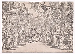 Stage set for the marriage of Ferdinand de' Medici and Christine of Lorraine in Florence in 1589; Apollo and the Python by Andrea Boscoli|Bernardo Buontalenti (Bernardo delle Girandole)|Agostino Carracci