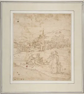 Standing and Seated Figures in a Landscape with an Obelisk