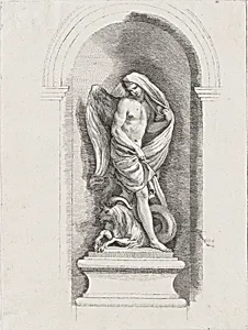 Standing male angel holding drapery and standing over a ram; allegory of Spring; after bas-relief on Fontaine des Quatre-Saisons (Paris) by Anonymous, French, 18th century|Edme Bouchardon