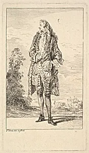 Standing man with right hand tucked into his waistcoat, shown in frontal view with his head turned toward the left, from "Figures of Fashion" (Figures de Modes) by Antoine Watteau|Julius Model