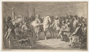 Standing men presenting a horse before a group of seated men