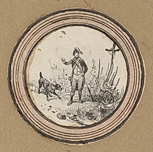 Standing soldier with a dog and a crucifix