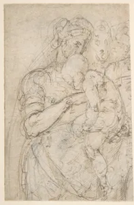 Standing Virgin with Child, Two Heads at Upper Right (recto); Sketch of Steps (verso)