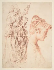 Standing Woman Holding a Spindle, and Head of a Woman in Profile to Right
