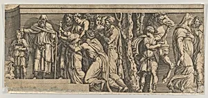 Statue of Niobe and her Worshippers, with Apollo and Diana and other Figures, after Polidoro da Caravaggio by Anonymous, School of Fontainebleau|Polidoro da Caravaggio