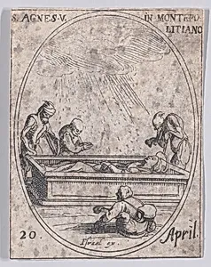 Ste. Agnès de Montepulciano (St. Agnes of Montepulciano), April 20th, from "Les Images De Tous Les Saincts et Saintes de L'Année" (Images of All of the Saints and Religious Events of the Year) by Jacques Callot|Israël Henriet