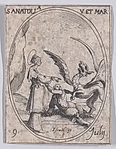 Ste. Anatolie, vierge et martyre (St. Anatolia, Virgin and Martyr), July 9th, from "Les Images De Tous Les Saincts et Saintes de L'Année" (Images of All of the Saints and Religious Events of the Year) by Israël Henriet|Jacques Callot