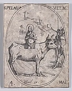 Ste. Pélagie, vierge et martyre (St. Pelagia, Virgin and Martyr), May 4th, from "Les Images De Tous Les Saincts et Saintes de L'Année" (Images of All of the Saints and Religious Events of the Year) by Jacques Callot|Israël Henriet
