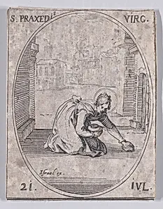 Ste. Praxède, vierge (St. Praxede, Virgin), July 21st, from "Les Images De Tous Les Saincts et Saintes de L'Année" (Images of All of the Saints and Religious Events of the Year) by Jacques Callot|Israël Henriet