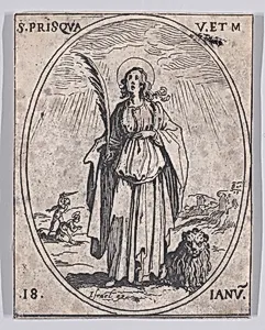 Ste. Prisque, vierge et martyre (St. Prisca, Virgin and Martyr), January 18th, from "Les Images De Tous Les Saincts et Saintes de L'Année" (Images of All of the Saints and Feast Days of the Year) by Jacques Callot|Israël Henriet