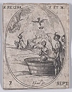 Ste. Reine, vierge et martyre (St. Regina, Virgin and Martyr), September 7th, from "Les Images De Tous Les Saincts et Saintes de L'Année" (Images of All of the Saints and Religious Events of the Year) by Jacques Callot|Israël Henriet