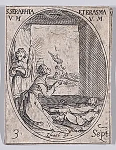 Ste. Séraphie et Ste. Erasme, vierges et martyres (St. Seraphia and St. Erasma, Virgins and Martyrs), September 3rd, from "Les Images De Tous Les Saincts et Saintes de L'Année" (Images of All of the Saints and Religious Events of the Year) by Jacques Callot|Israël Henriet