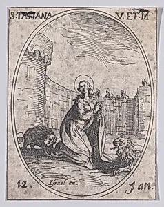 Ste. Tatienne, vierge et martyre (St. Tatiana, Virgin and Martyr), January 12th, from "Les Images De Tous Les Saincts et Saintes de L'Année" (Images of All of the Saints and Feast Days of the Year) by Jacques Callot|Israël Henriet